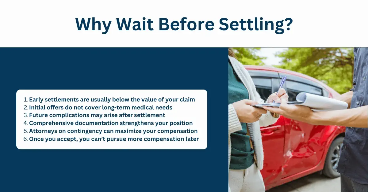 Insurance adjuster discussing paperwork with driver after crash — highlighting the common mistake after a car accident of settling too quickly.