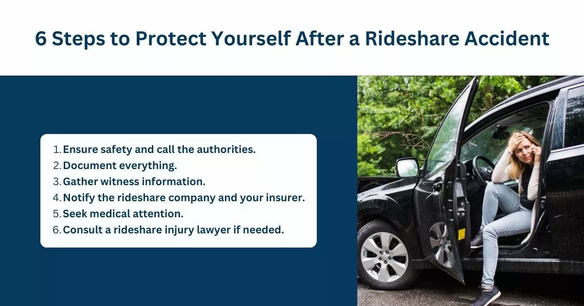 Six steps to take after a rideshare accident and when to contact a rideshare injury lawyer for help.
