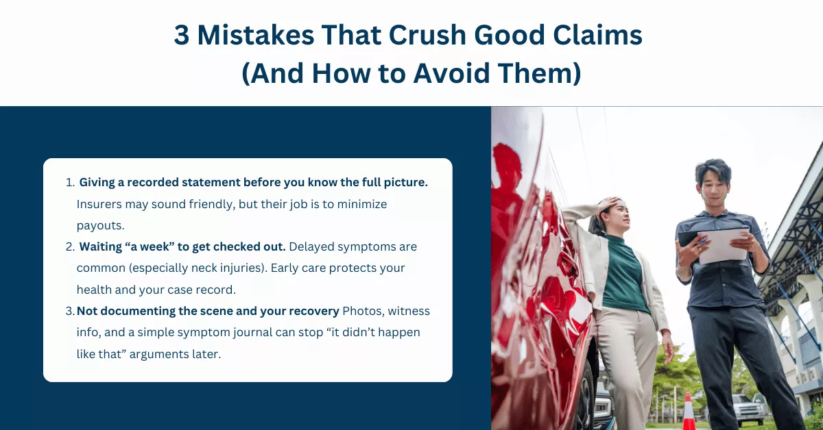 Graphic showing the 3 mistakes that crush good car accident claims.