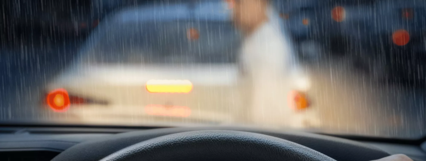 View from inside a car during heavy rain as a person stands near a vehicle ahead after a crash, immediately calling a portland hit and run lawyer.