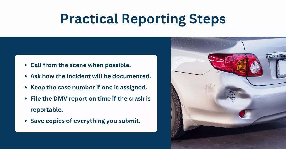 Graphic titled Practical Reporting Steps with a checklist for reporting a car accident and a photo of rear-end vehicle damage.