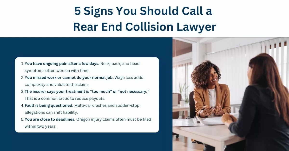 Infographic showing five signs you should call a rear end collision lawyer after a car accident.