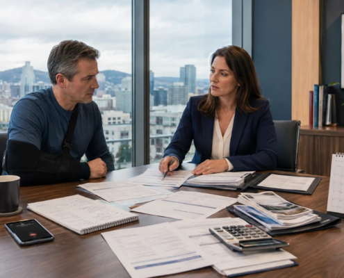 Injured Oregon car accident victim meeting with a personal injury attorney to discuss legal options after PIP benefits ended.