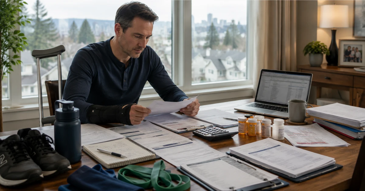 Injured car accident victim reviewing medical bills, insurance paperwork, and treatment expenses after receiving Oregon PIP benefits.