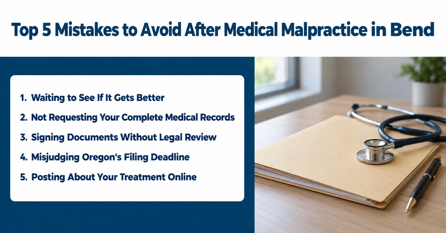 Infographic listing five mistakes to avoid after medical malpractice in Bend, including delaying action and misjudging the filing deadline.