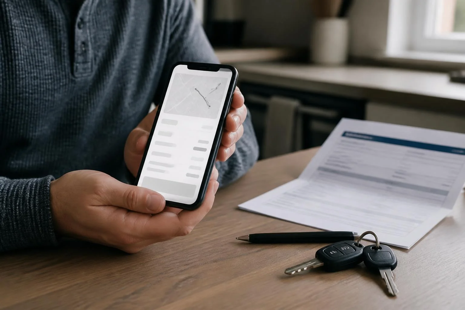 Phone showing an Uber trip receipt beside an insurance form and car keys.